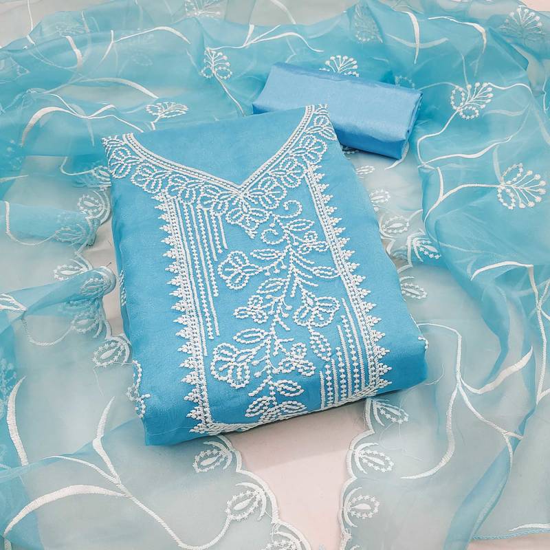 Sky-blue embroidered organza semi stitched churidar dress-materials