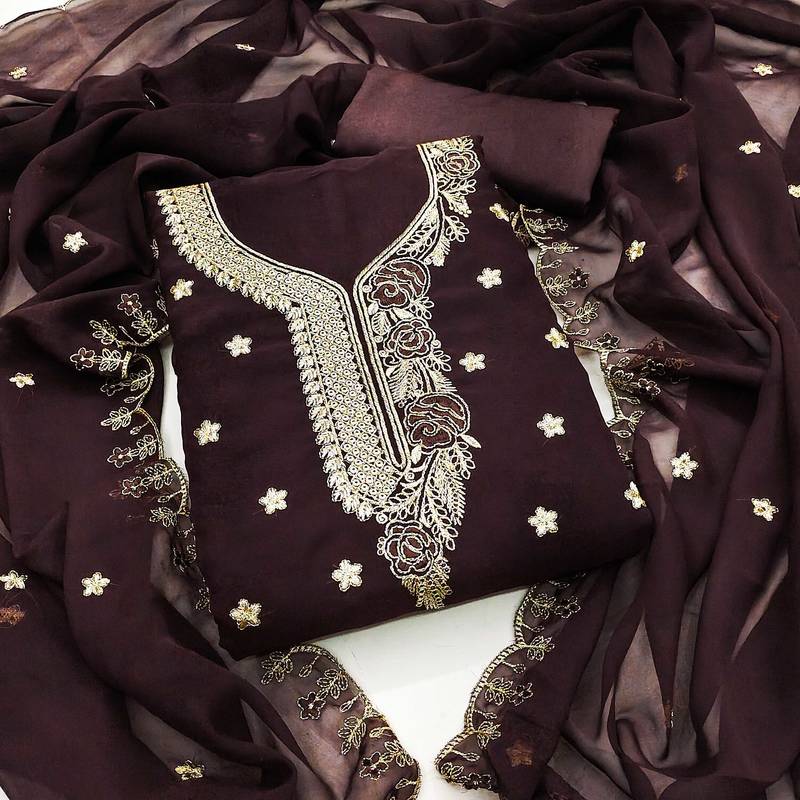 Brown embroidered georgette semi stitched churidar dress-materials