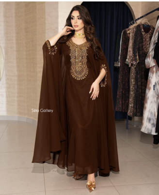 Brown Ethnic Stitched Handworking Embroidered Moroccan Style Kaftan Abaya for Women     Elegant Party Wear 1