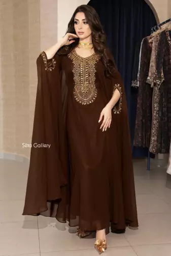 Brown Ethnic Stitched Handworking Embroidered Moroccan Style Kaftan Abaya for Women – Elegant Party Wear