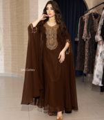 Brown Ethnic Stitched Handworking Embroidered Moroccan Style Kaftan Abaya for Women – Elegant Party Wear