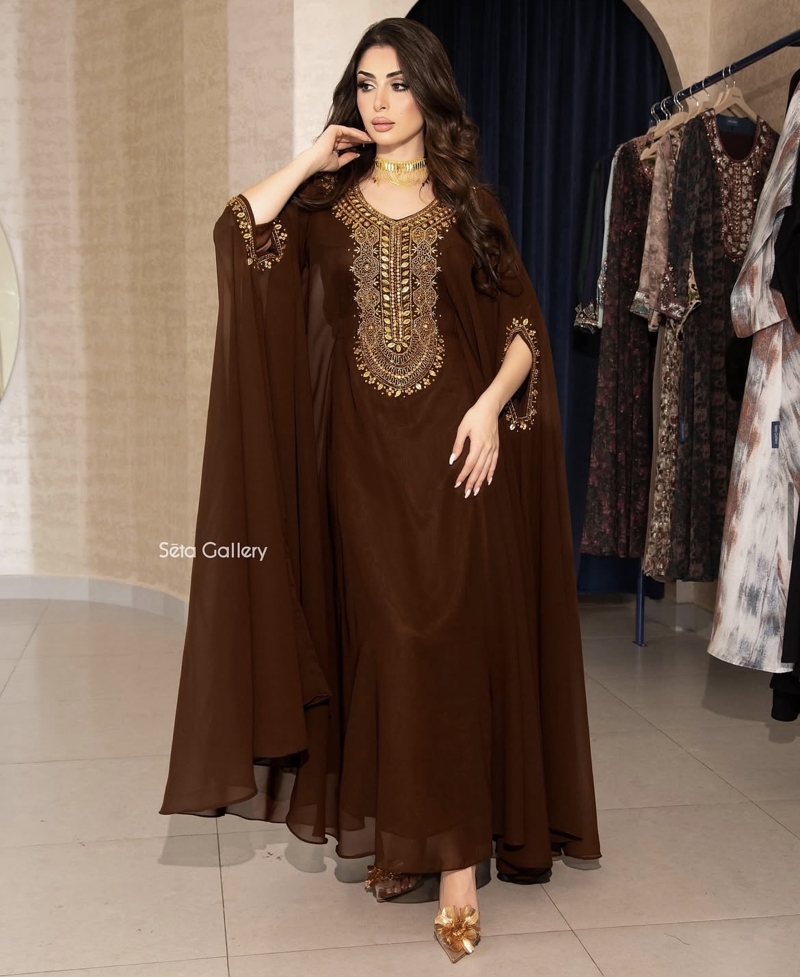 Brown Ethnic Stitched Handworking Embroidered Moroccan Style Kaftan Abaya for Women – Elegant Party Wear