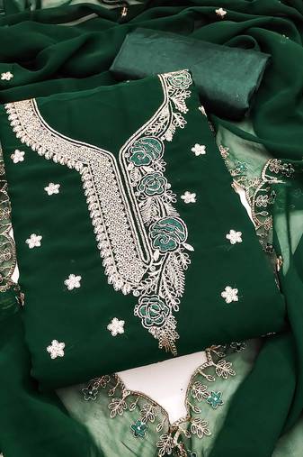 Green embroidered georgette semi stitched churidar dress-materials