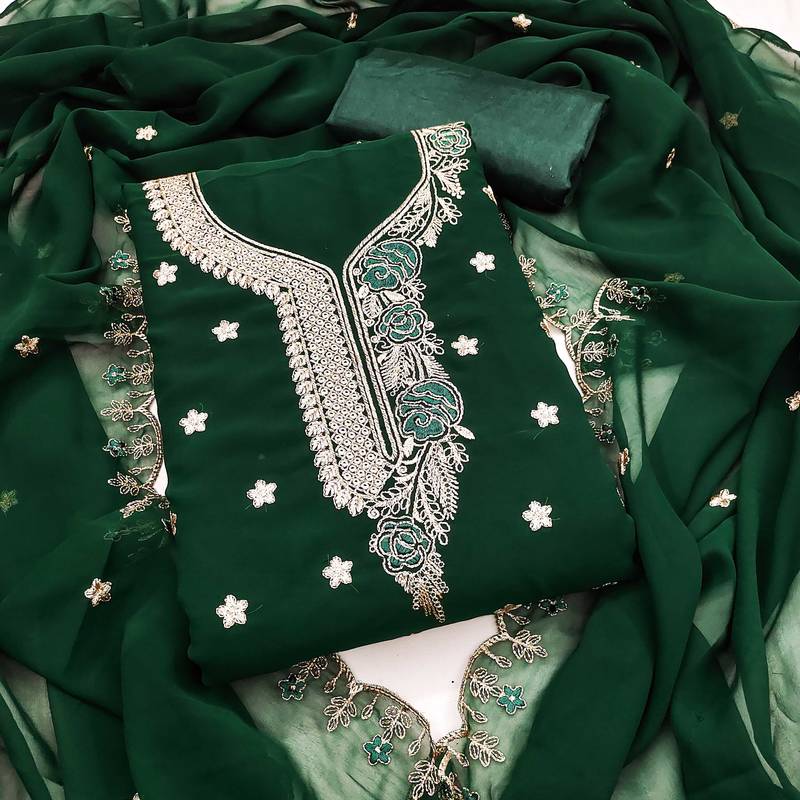 Green embroidered georgette semi stitched churidar dress-materials