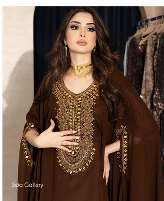 Brown Ethnic Stitched Handworking Embroidered Moroccan Style Kaftan Abaya for Women     Elegant Party Wear 2