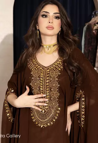 Brown Ethnic Stitched Handworking Embroidered Moroccan Style Kaftan Abaya for Women – Elegant Party Wear