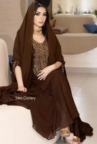 Brown Ethnic Stitched Handworking Embroidered Moroccan Style Kaftan Abaya for Women – Elegant Party Wear