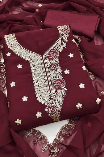 Magenta embroidered georgette semi stitched churidar dress-materials