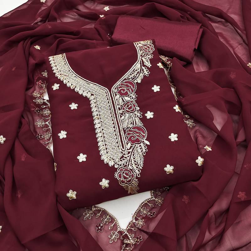 Magenta embroidered georgette semi stitched churidar dress-materials