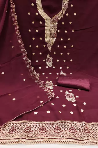 Magenta embroidered georgette churidar dress-materials