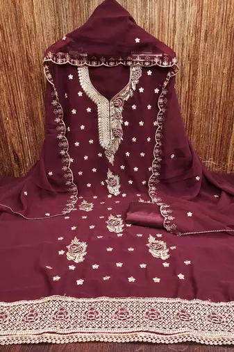 Magenta embroidered georgette churidar dress-materials