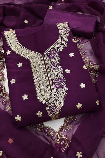 Purple embroidered georgette semi stitched churidar dress-materials