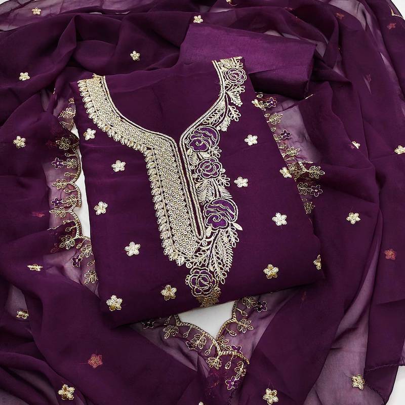 Purple embroidered georgette semi stitched churidar dress-materials