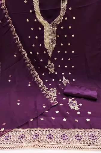 Purple embroidered georgette churidar dress-materials