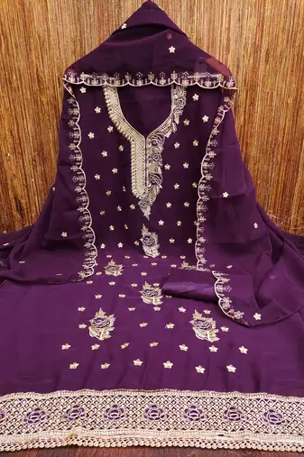 Purple embroidered georgette churidar dress-materials