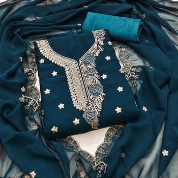 Teal-blue embroidered georgette churidar dress-materials 1