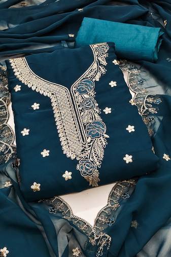 Teal-blue embroidered georgette semi stitched churidar dress-materials