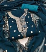 Teal-blue embroidered georgette semi stitched churidar dress-materials
