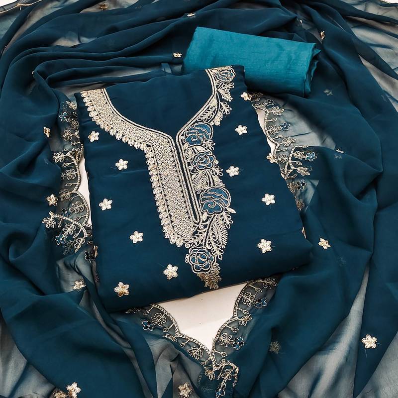 Teal-blue embroidered georgette semi stitched churidar dress-materials