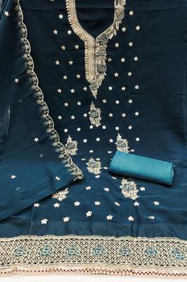 Teal-blue embroidered georgette churidar dress-materials 2