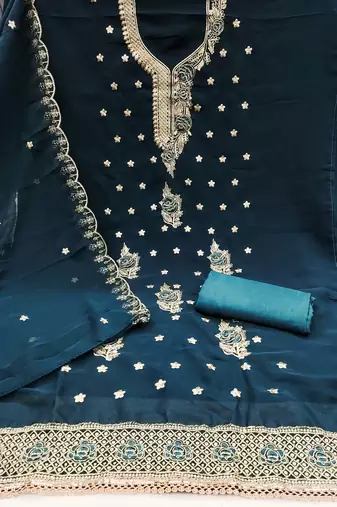 Teal-blue embroidered georgette churidar dress-materials