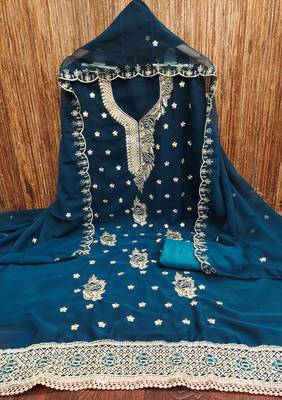 Teal-blue embroidered georgette churidar dress-materials 3