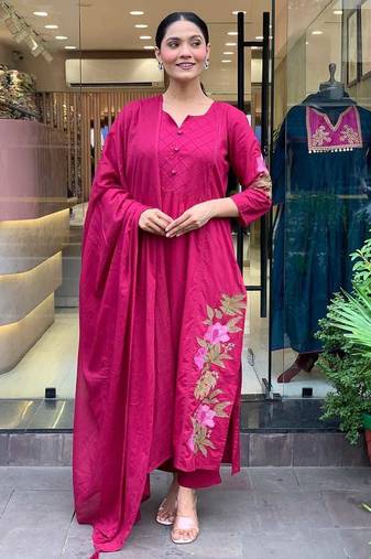 Rani Pink Embroidered Cotton Kurta Set with Dupatta