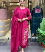 Rani Pink Embroidered Cotton Kurta Set with Dupatta