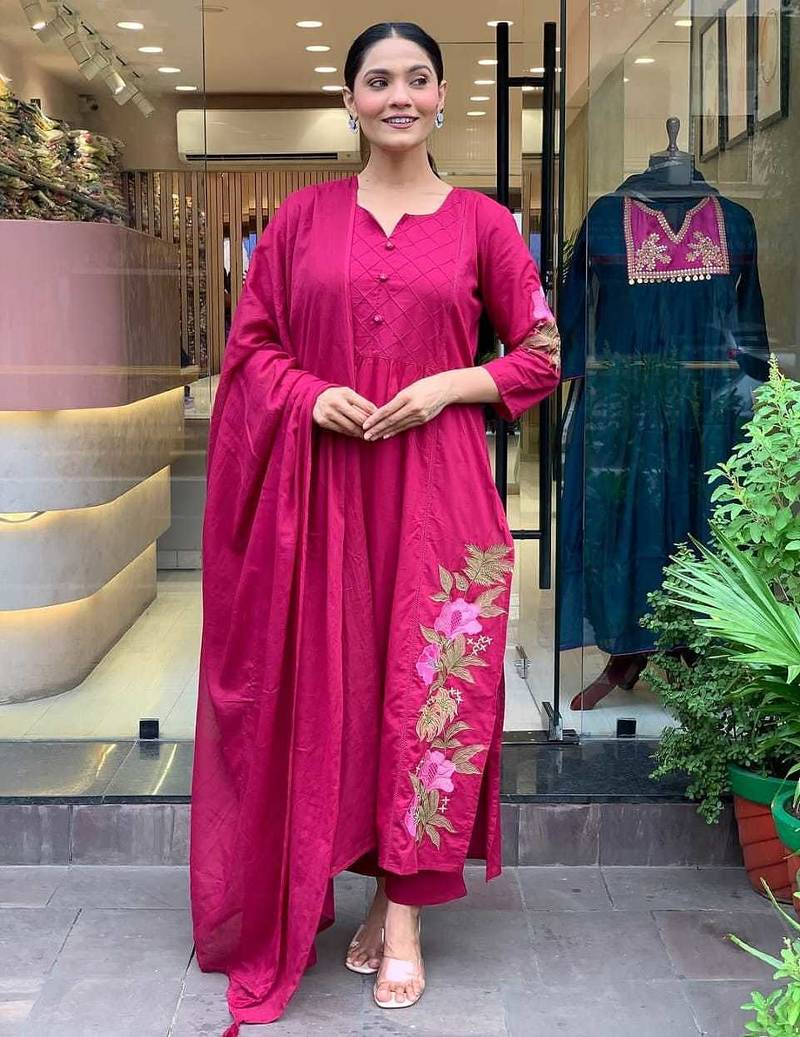 Rani Pink Embroidered Cotton Kurta Set with Dupatta