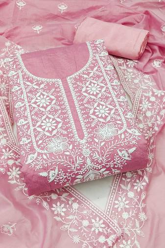Baby-pink embroidered cotton semi stitched churidar dress-materials
