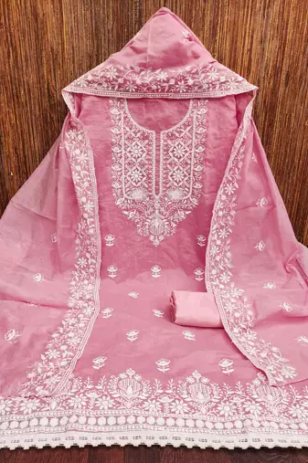 Baby-pink embroidered cotton churidar dress-materials