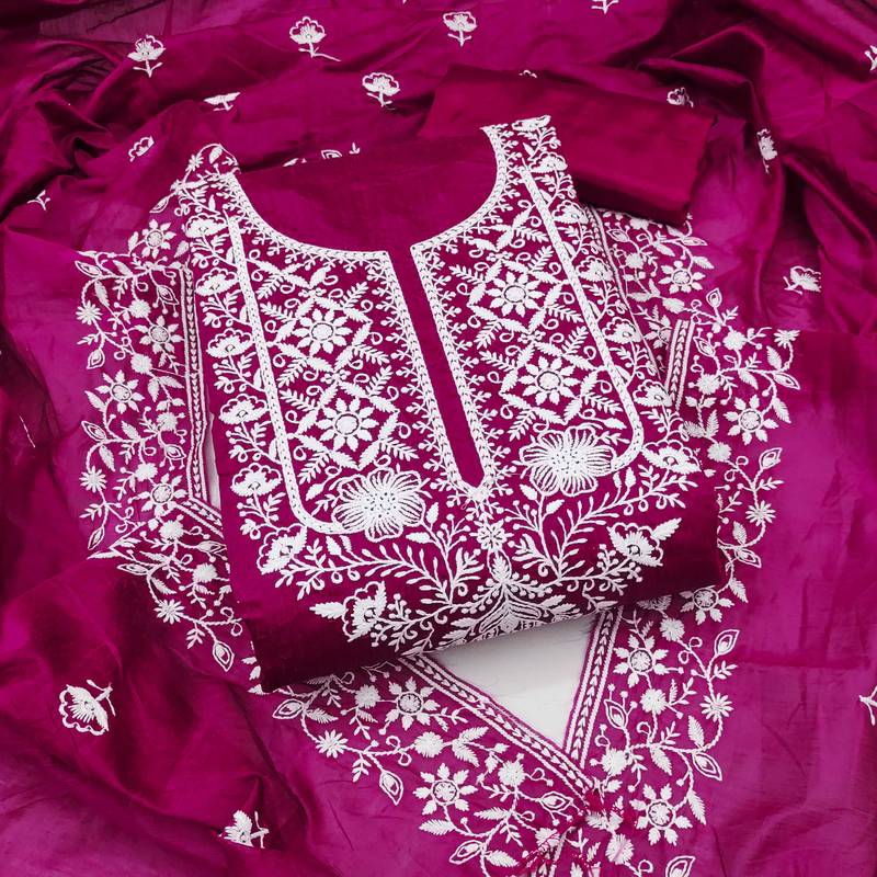 Pink embroidered cotton semi stitched churidar dress-materials