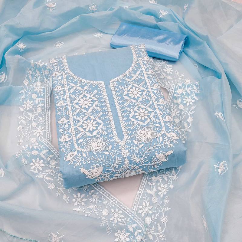 Sky-blue embroidered cotton semi stitched churidar dress-materials