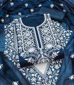 Teal-blue embroidered cotton semi stitched churidar dress-materials
