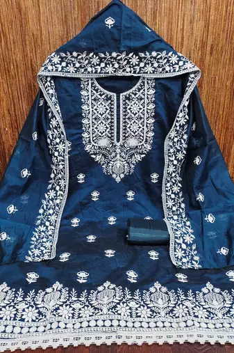Teal-blue embroidered cotton churidar dress-materials