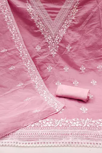 Baby-pink embroidered cotton churidar dress-materials