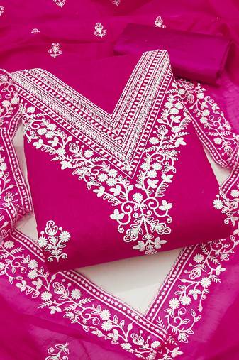 Pink embroidered cotton semi stitched churidar dress-materials