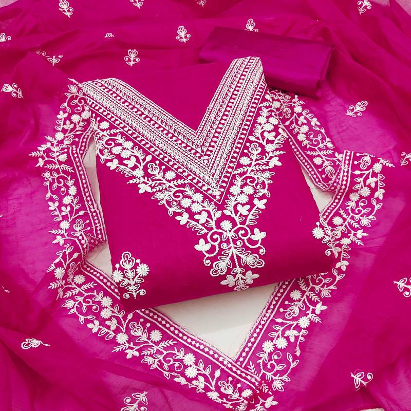 Pink embroidered cotton semi stitched churidar dress-materials