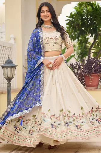  off white sequnis silk lehenga set choli with dupatta with blue dupatta