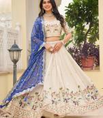  off white sequnis silk lehenga set choli with dupatta with blue dupatta