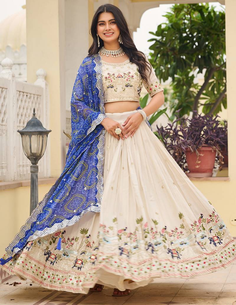  off white sequnis silk lehenga set choli with dupatta with blue dupatta