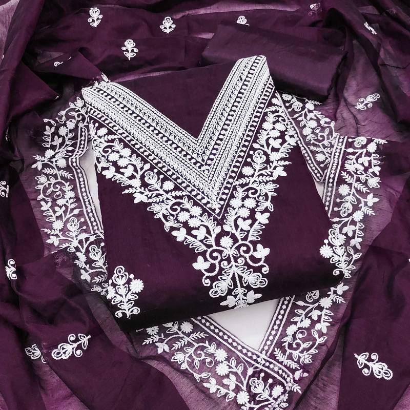 Purple embroidered cotton semi stitched churidar dress-materials