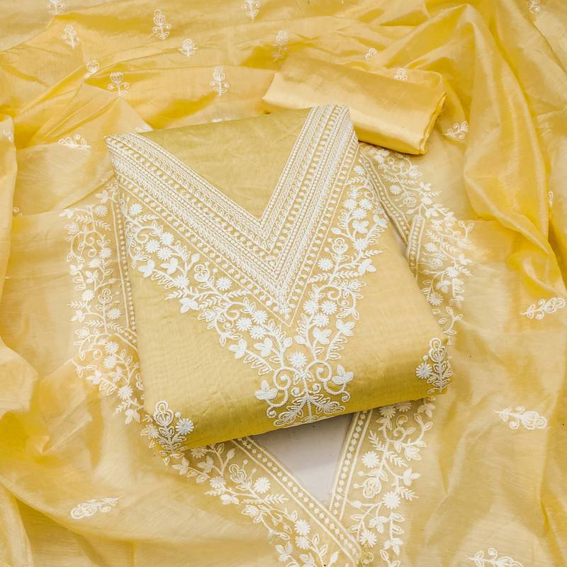 Yellow embroidered cotton semi stitched churidar dress-materials