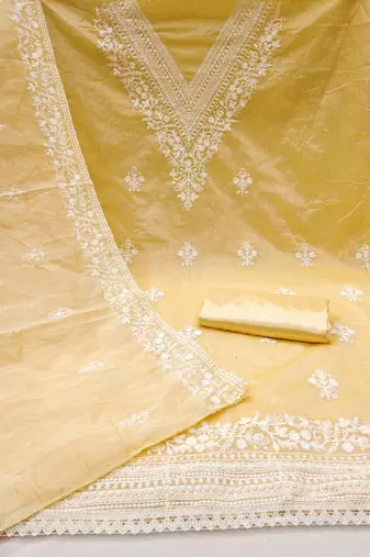 Yellow embroidered cotton churidar dress-materials