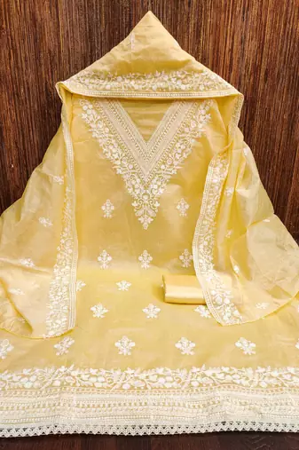 Yellow embroidered cotton churidar dress-materials