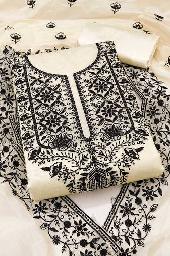Cream embroidered cotton semi stitched churidar dress-materials