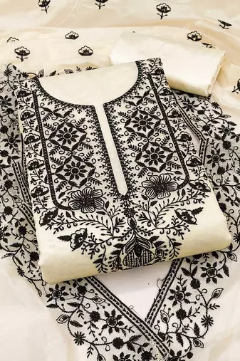 Cream embroidered cotton semi stitched churidar dress-materials