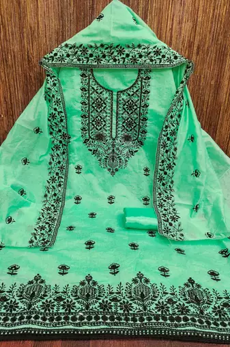 Light-green embroidered cotton churidar dress-materials
