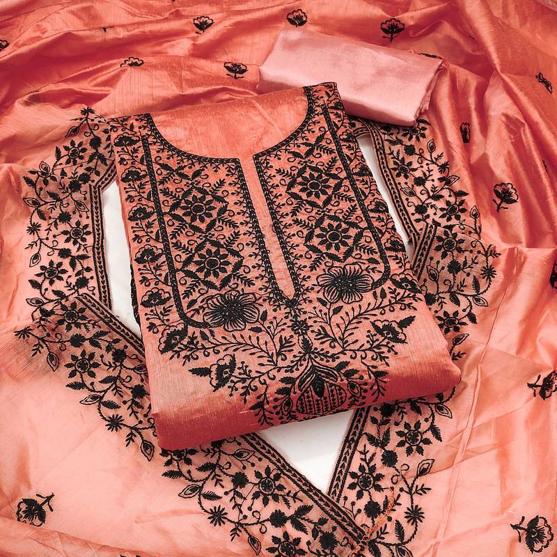 Peach embroidered cotton semi stitched churidar dress-materials