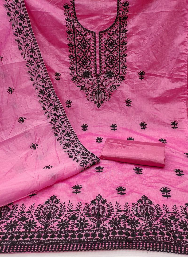 Pink embroidered cotton semi stitched churidar dress-materials